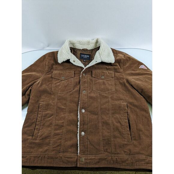 Guess Other - Guess Mens Sz Xxl Corduroy Trucker Jacket Brown Sherpa Collar Long Sleeve Snap